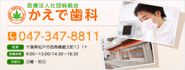 医療法人社団純楓会かえで歯科
047-347-8811
千葉県松戸市西馬橋蔵元町13 1F
9:00~13:00/14:30~18:30
日曜、祝日
